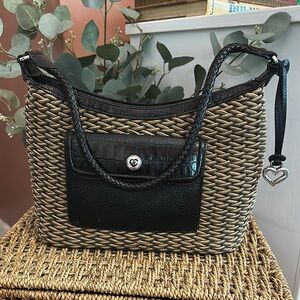 Brighton Edna woven black trim shoulder braided rope strap heart pockets purse